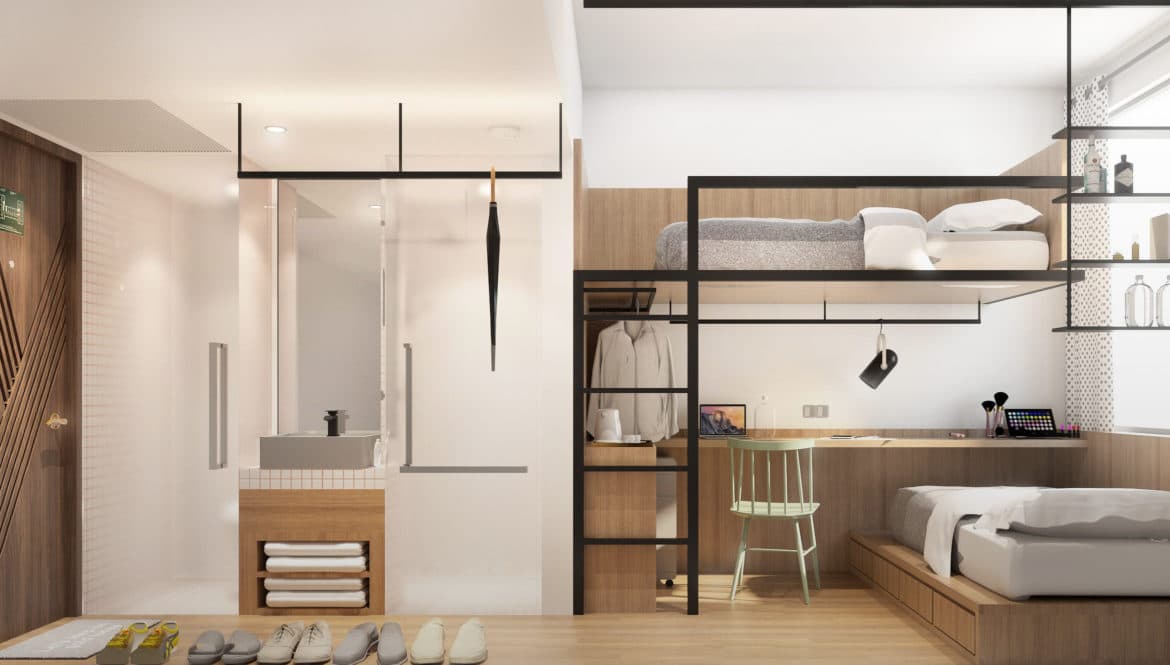 a LYF bedroom with a bunk bed and a desk.
